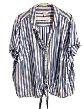 Ava & Viv Blue White Striped Linen Blend Tie Front Button Down Boxy Cut Shirt 4X